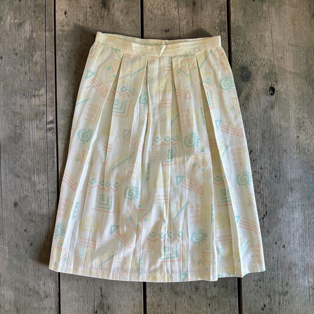 Vintage JG Bentley Pastel 80's Retro Abstract Pleated‎ Skirt Sz M?  Linen Blend